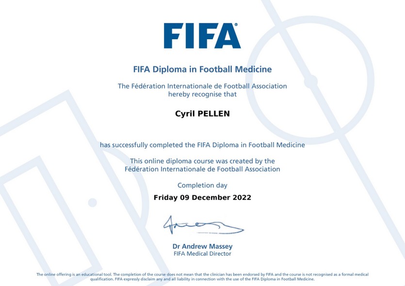 Diplôme FIFA - Cyril Pellen Diplôme de la FIFA obtenu par Cyril Pellen - Ostéopathe D.O.